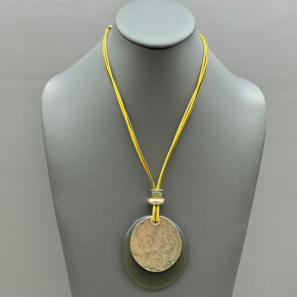 Chico's Necklace Womens Gold Tone Hammered Disc Pendant Yellow Cord 16-18 Inches